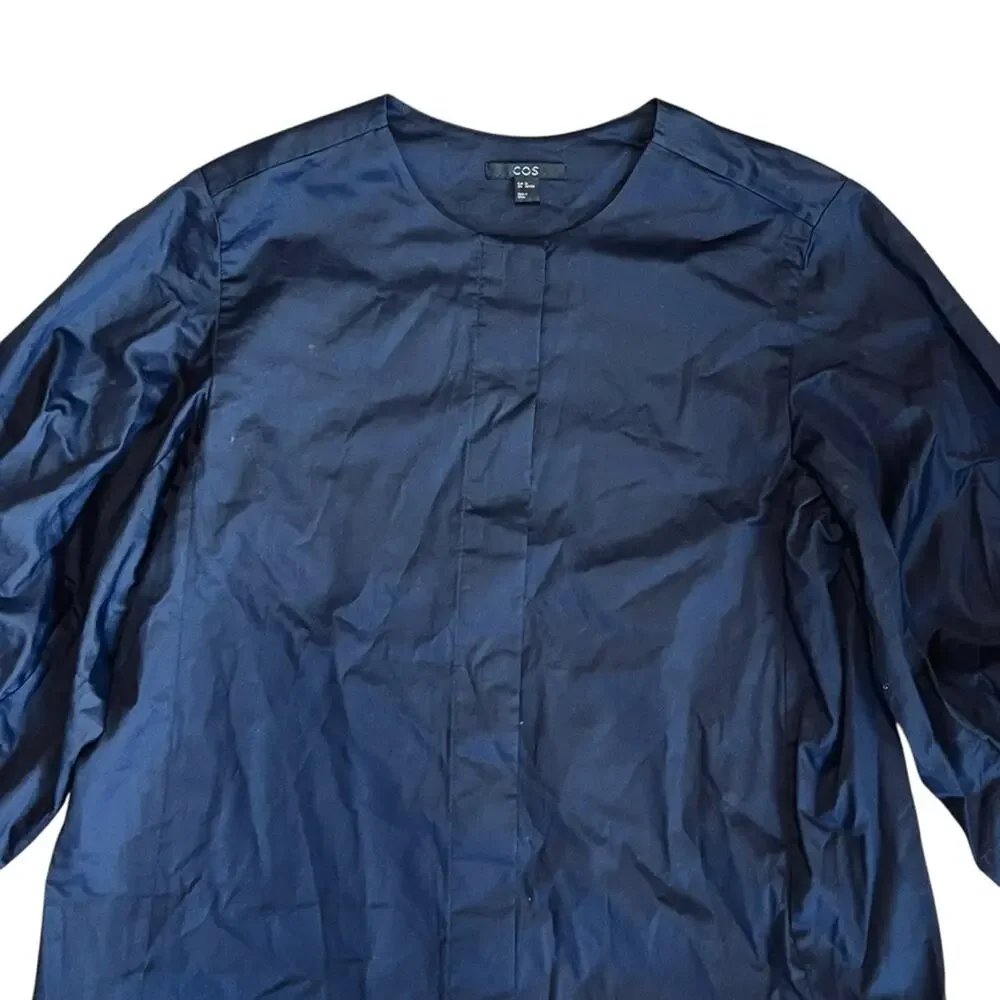 COS Women’s Sz 4 Navy Blue Gathered Puff Sleeve Blouse Stretch Cotton Top - Picture 4 of 15